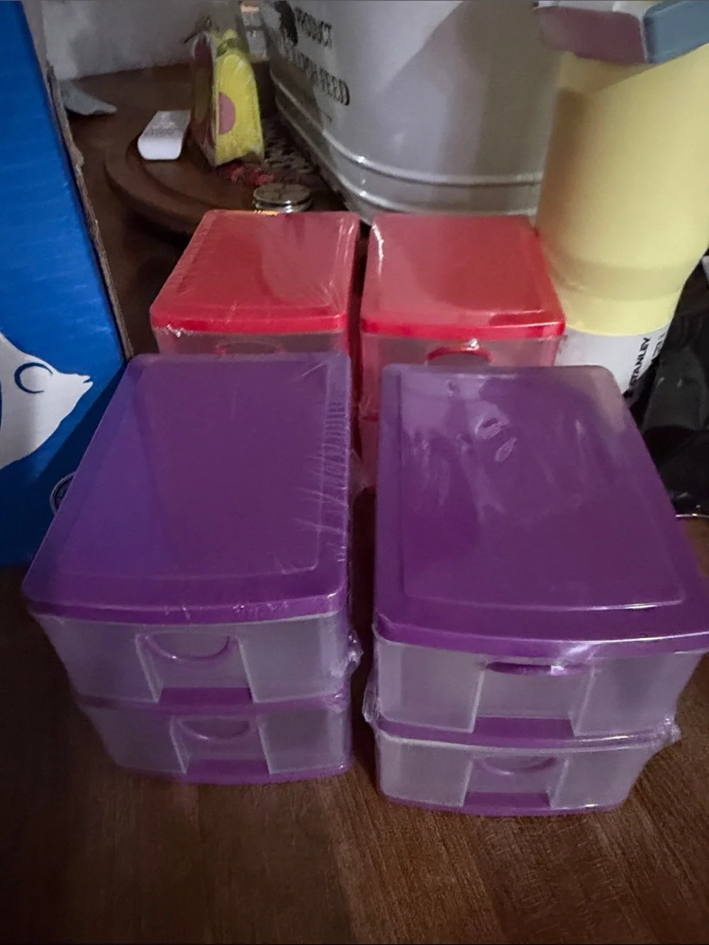 (4) Two-Drawer Plastic Storage Organizer - Purple and Red mini organizers